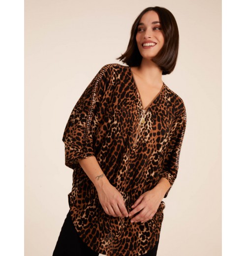 Front Leopard Diamante Tunic Top