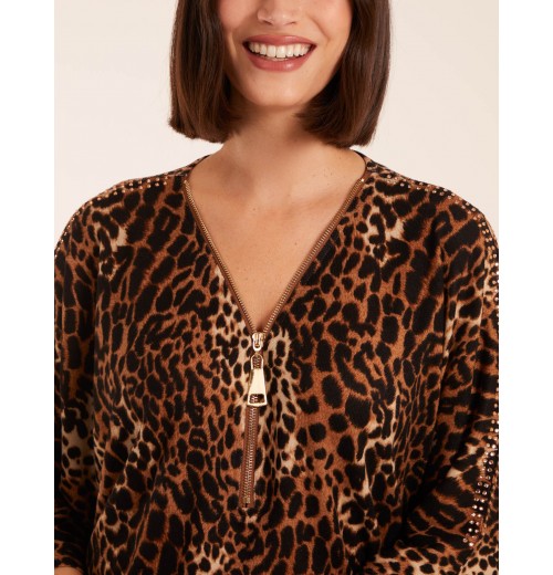 Front Leopard Diamante Tunic Top