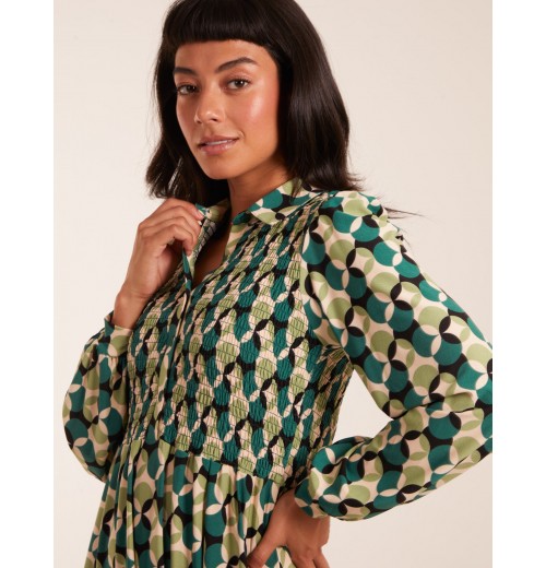 Geometric Print Shirred Bust Long Sleeve Shirt Dress