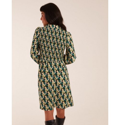 Geometric Print Shirred Bust Long Sleeve Shirt Dress