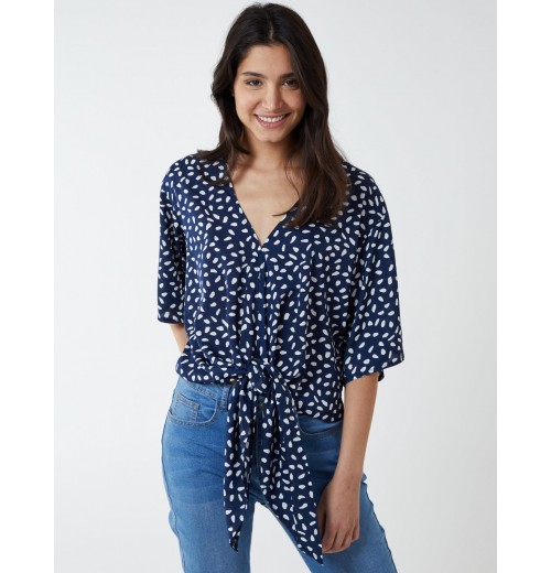 Abstract Spot Tie Front Batwing Top