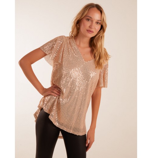 Angel Sleeve V Neck Sequin Top