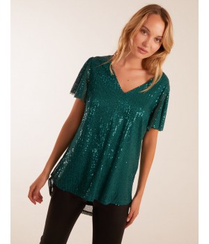 Angel Sleeve V Neck Sequin Top